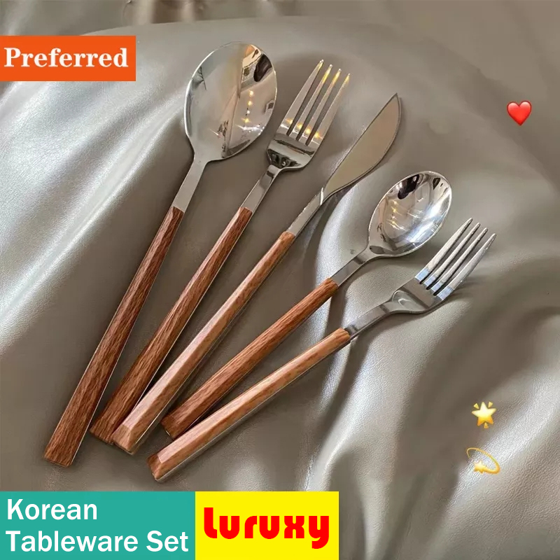 Commercial Kitchen Knife Set - Wood Handle Cutlery Set Korean Stainless