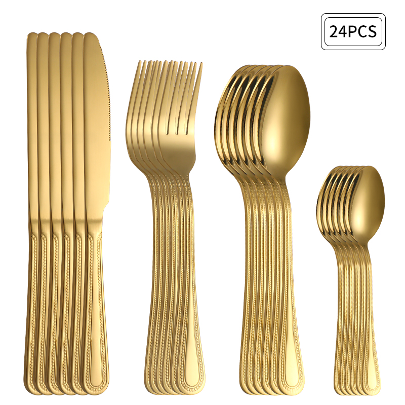 Commercial Kitchen Knife Set - 24pc Stainless Steel Gold Cutlery Set