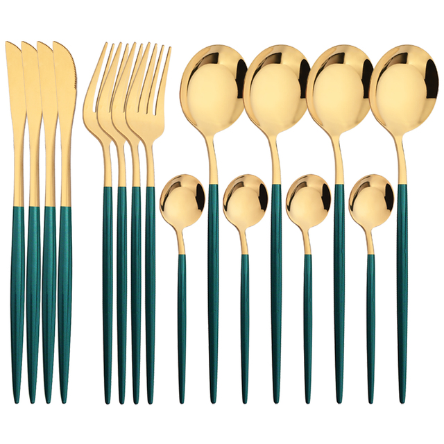 Commercial Kitchen Knife Set - 16Pcs Green Gold Dinnerware Stainless Steel